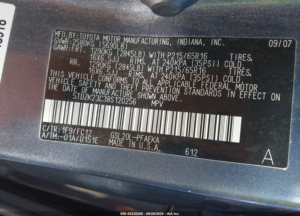 2008 TOYOTA SIENNA VIN: 5TDZK23C38S120256