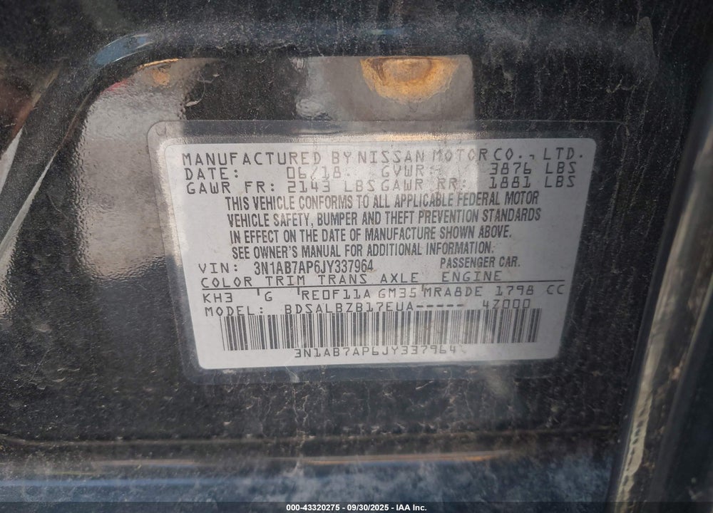 2018 NISSAN SENTRA VIN: 3N1AB7AP6JY337964