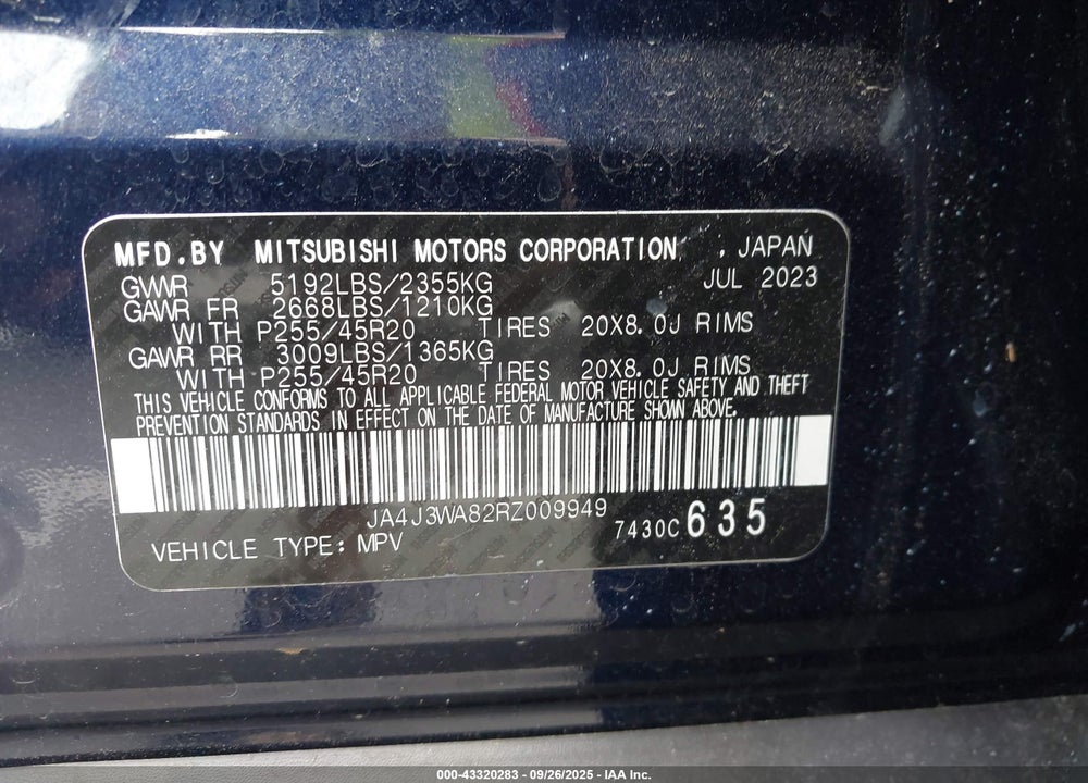 2024 MITSUBISHI OUTLANDER VIN: JA4J3WA82RZ009949