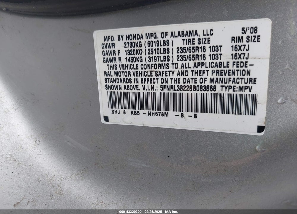 2008 HONDA ODYSSEY LX VIN: 5FNRL38228B083868