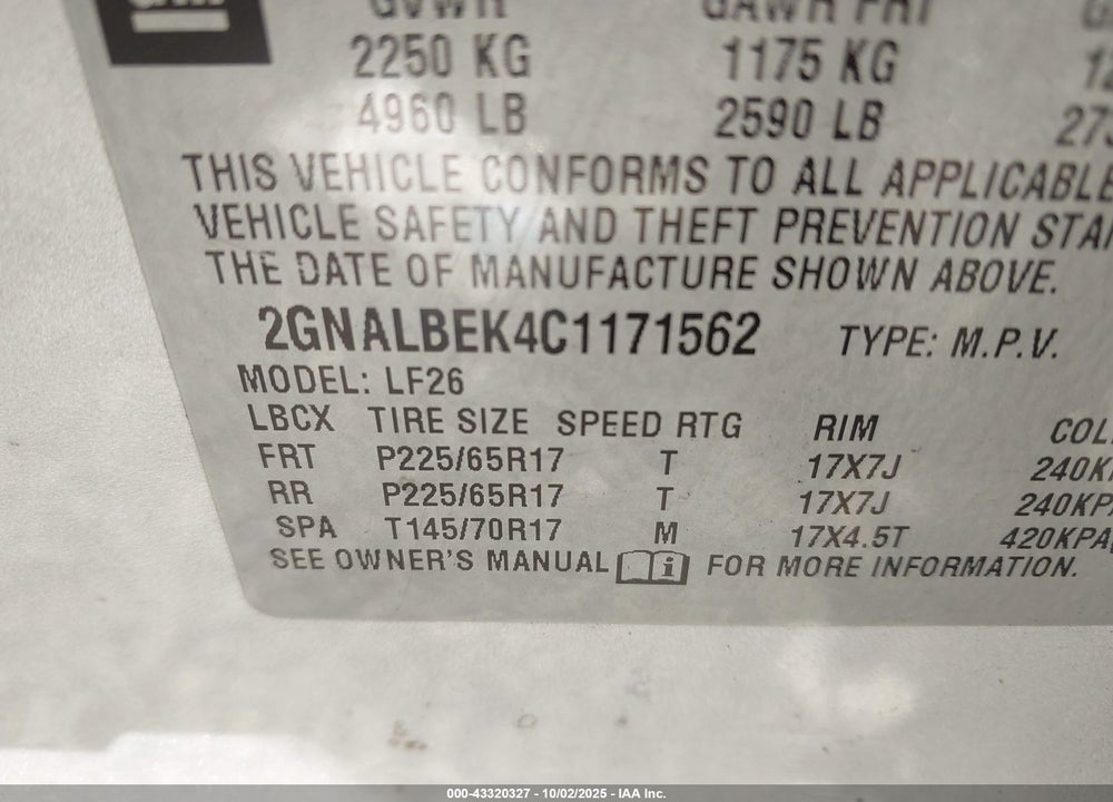 2012 CHEVROLET EQUINOX VIN: 2GNALBEK4C1171562