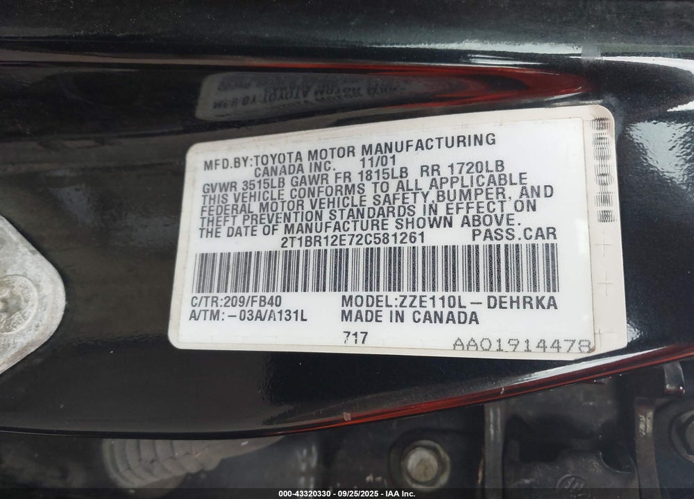 2002 TOYOTA COROLLA CE VIN: 2T1BR12E72C581261