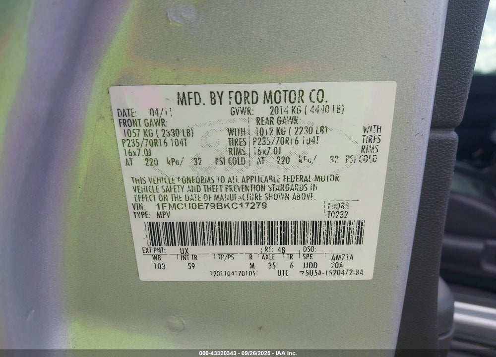 2011 FORD ESCAPE VIN: 1FMCU0E79BKC17279