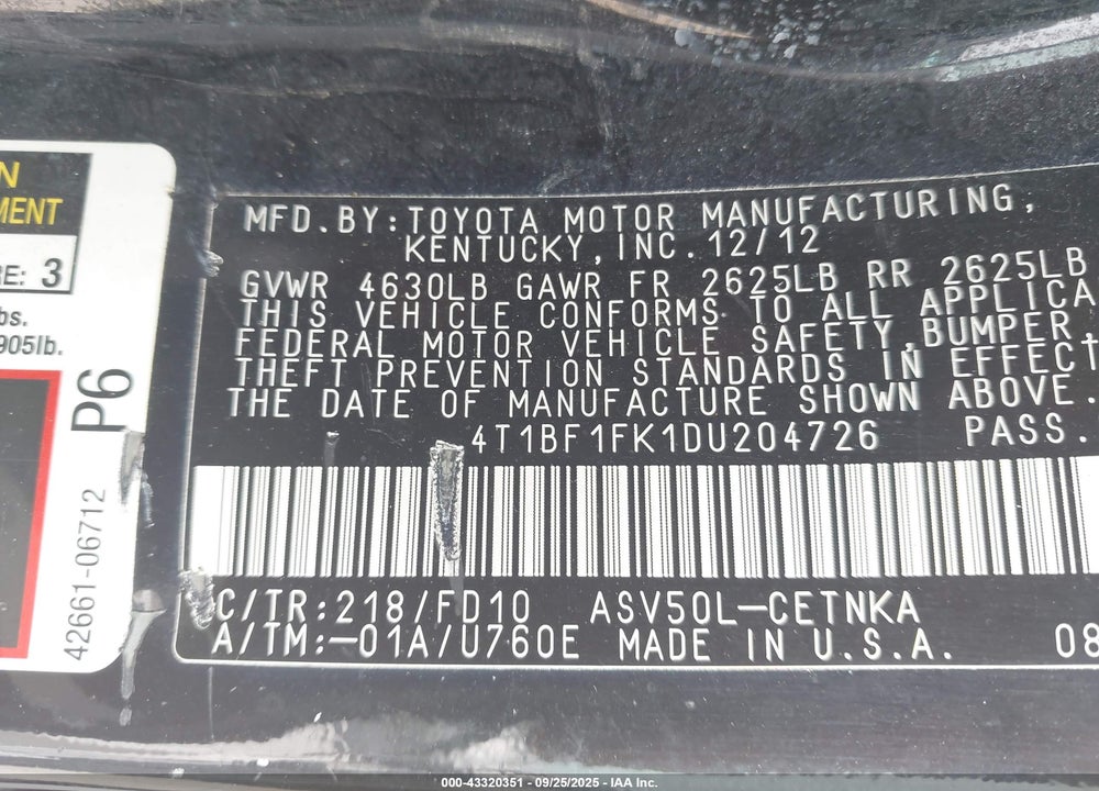 2013 TOYOTA CAMRY LE VIN: 4T1BF1FK1DU204726
