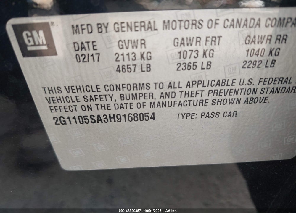 2017 CHEVROLET IMPALA 1LT VIN: 2G1105SA3H9168054