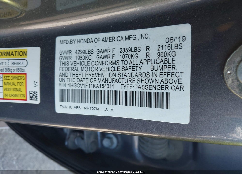 2019 HONDA ACCORD LX VIN: 1HGCV1F11KA154011