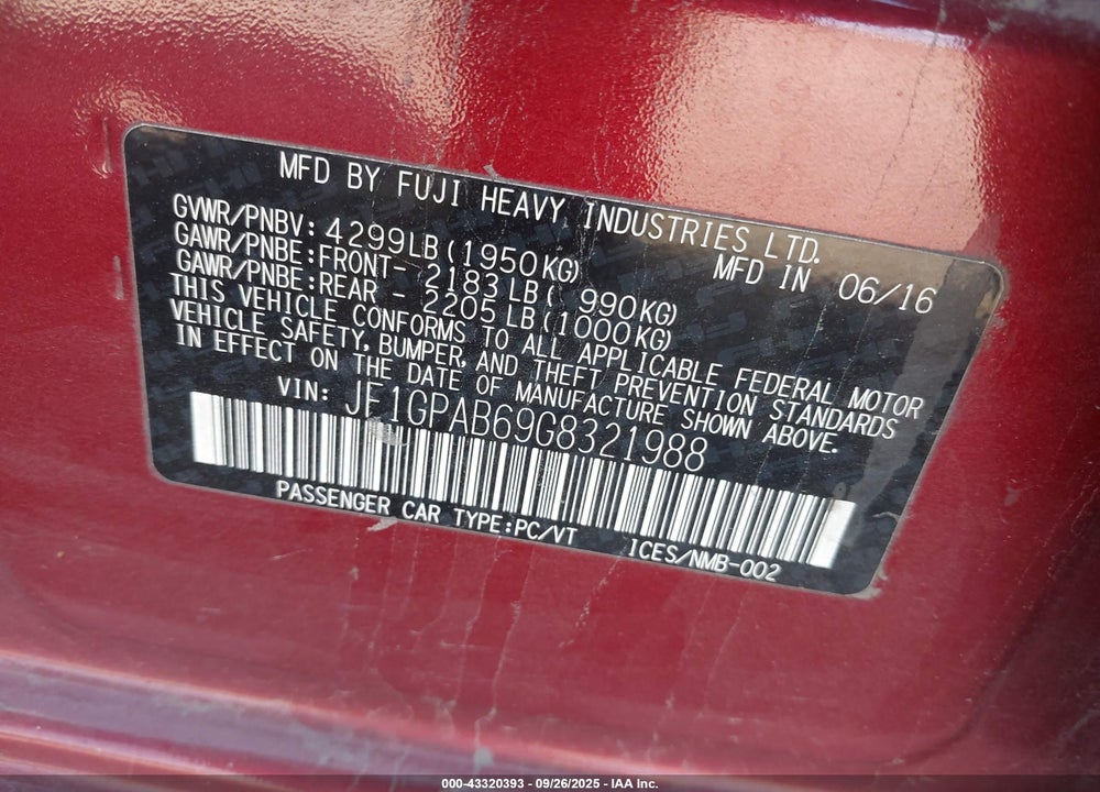 2016 SUBARU IMPREZA 2.0I PREMIUM VIN: JF1GPAB69G8321988
