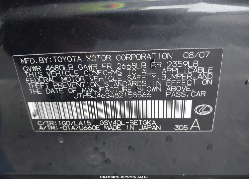 2008 LEXUS ES 350 VIN: JTHBJ46G482158566
