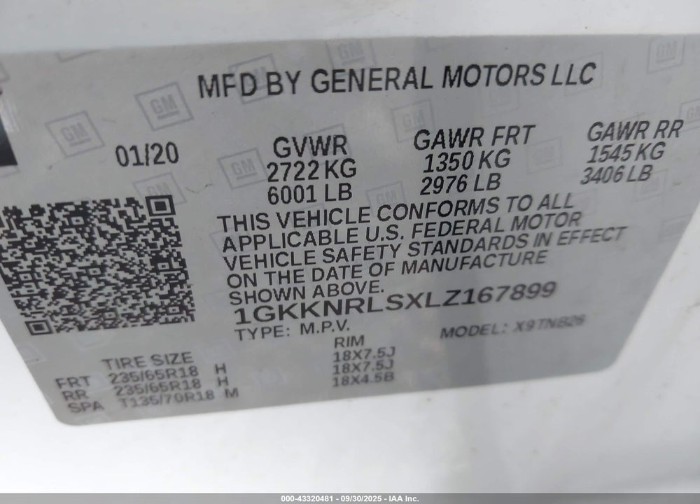 2020 GMC ACADIA VIN: 1GKKNRLSXLZ167899
