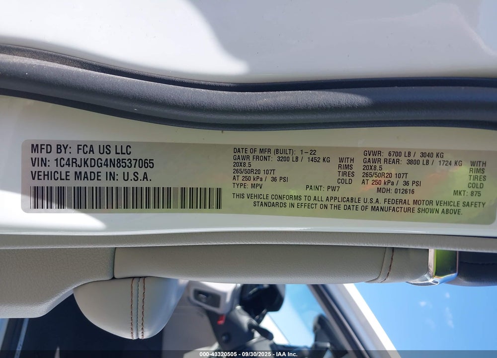 2022 JEEP GRAND CHEROKEE L OVERLAND 4X4 VIN: 1C4RJKDG4N8537065