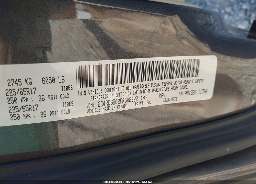 2015 DODGE GRAND CARAVAN VIN: 2C4RDGBG2FR508922