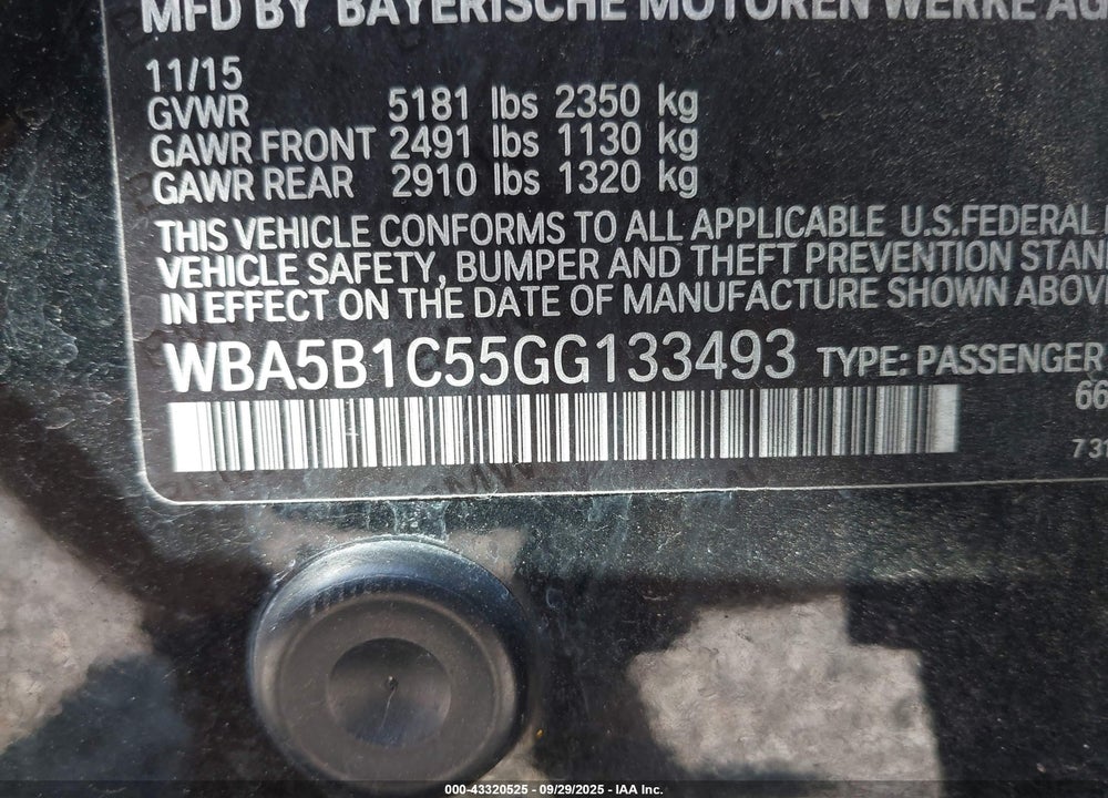 2016 BMW 535I VIN: WBA5B1C55GG133493