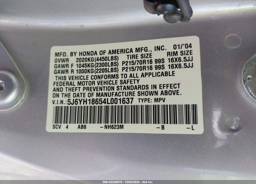 2004 HONDA ELEMENT EX VIN: 5J6YH18654L001637