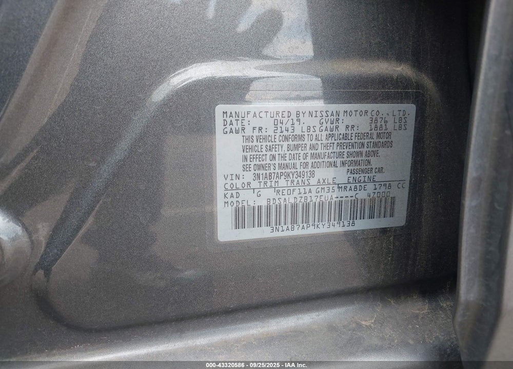 2019 NISSAN SENTRA VIN: 3N1AB7AP9KY349138