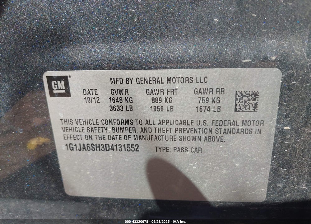 2013 CHEVROLET SONIC VIN: 1G1JA6SH3D4131552