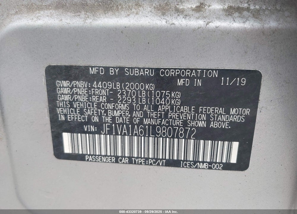 2020 SUBARU WRX VIN: JF1VA1A61L9807872