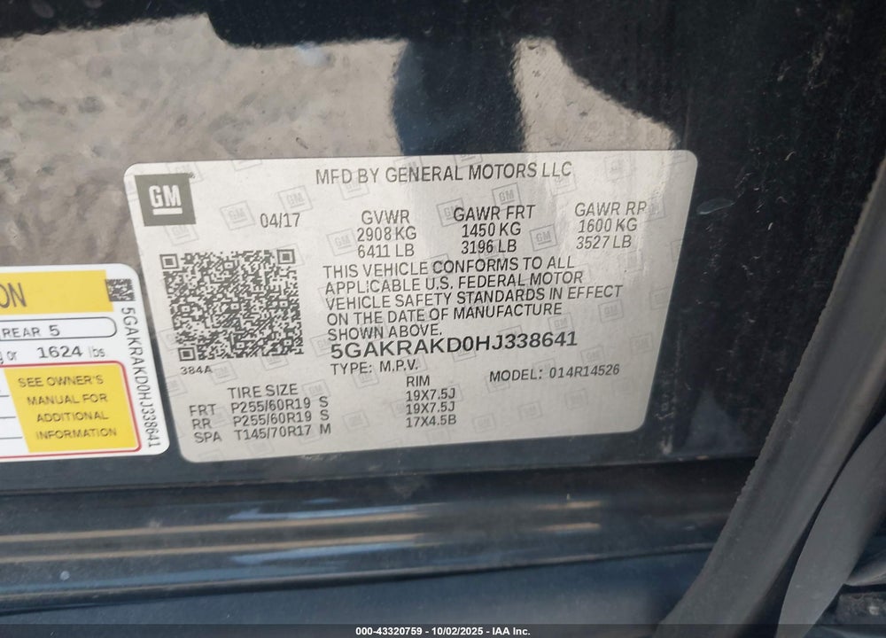 2017 BUICK ENCLAVE VIN: 5GAKRAKD0HJ338641
