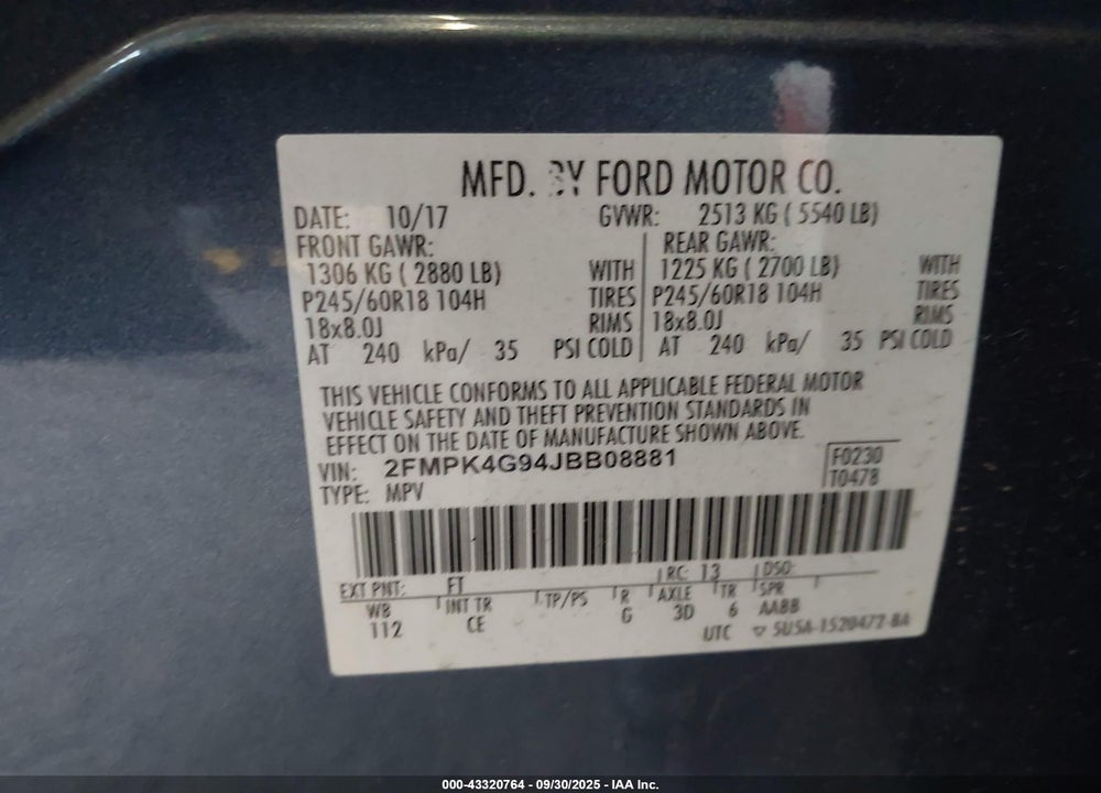 2018 FORD EDGE SE VIN: 2FMPK4G94JBB08881