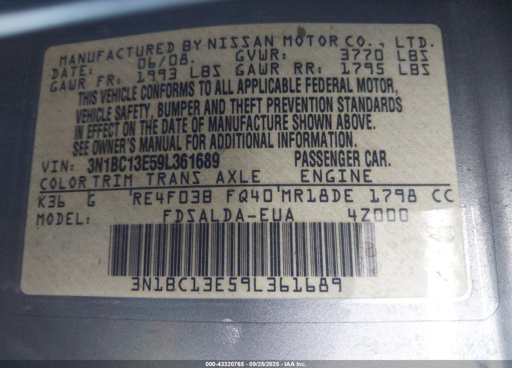 2009 NISSAN VERSA VIN: 3N1BC13E59L361689