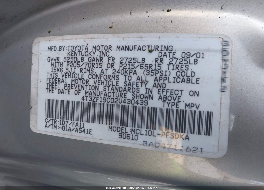 2002 TOYOTA SIENNA CE VIN: 4T3ZF19C02U430439