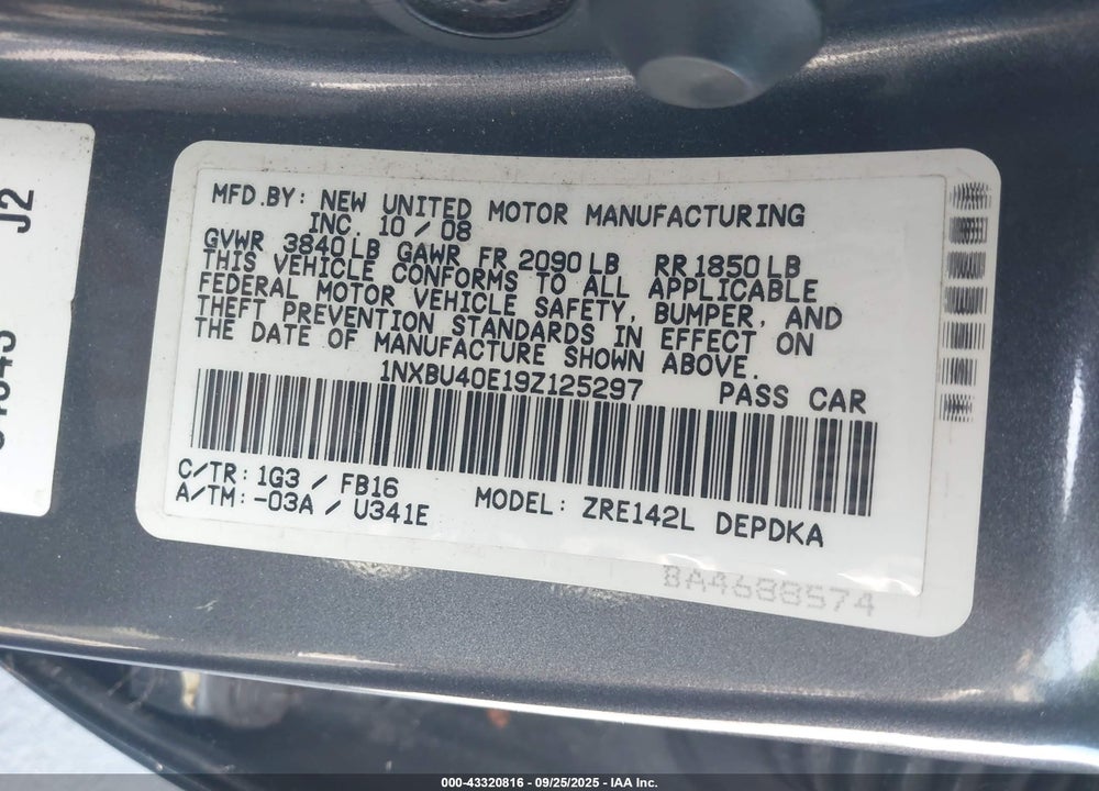 2009 TOYOTA COROLLA LE VIN: 1NXBU40E19Z125297