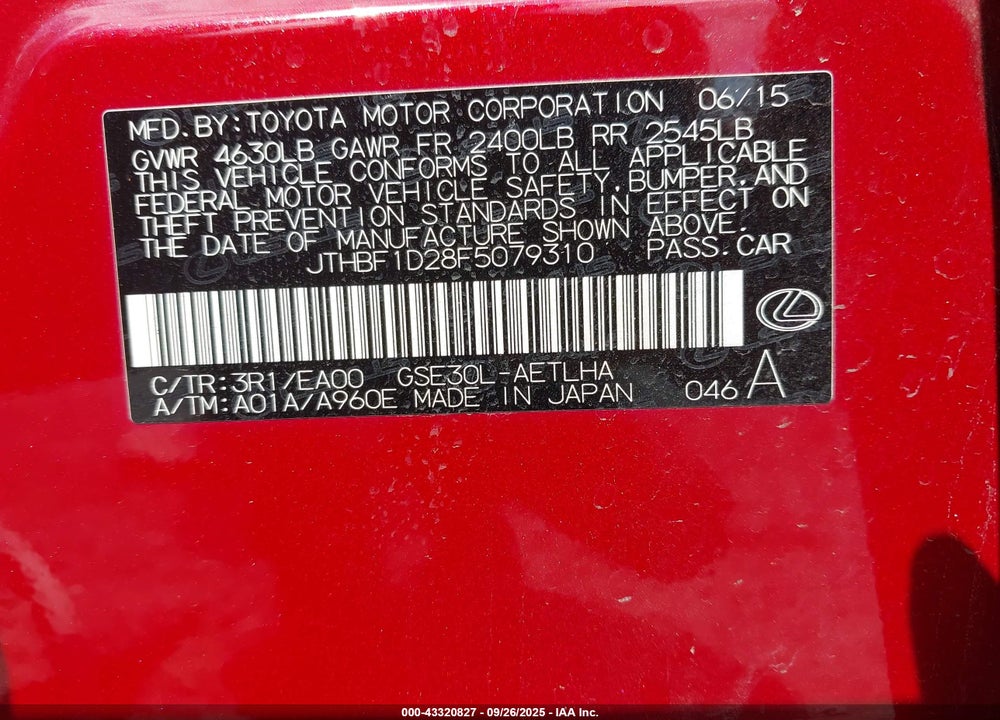 2015 LEXUS IS 250 VIN: JTHBF1D28F5079310