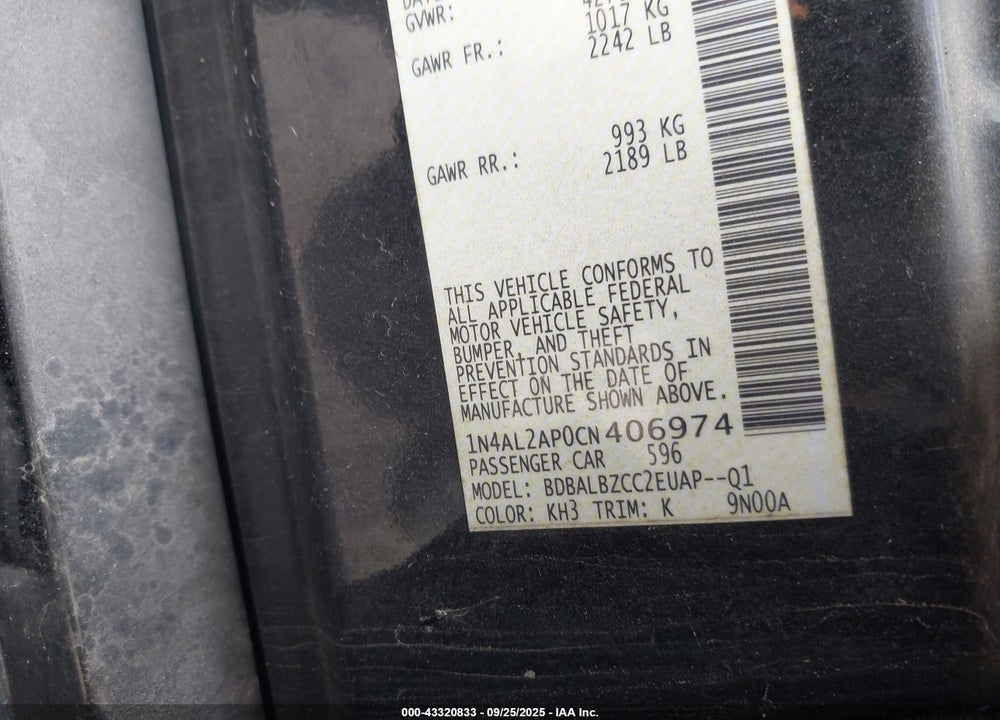 2012 NISSAN ALTIMA VIN: 1N4AL2AP0CN406974