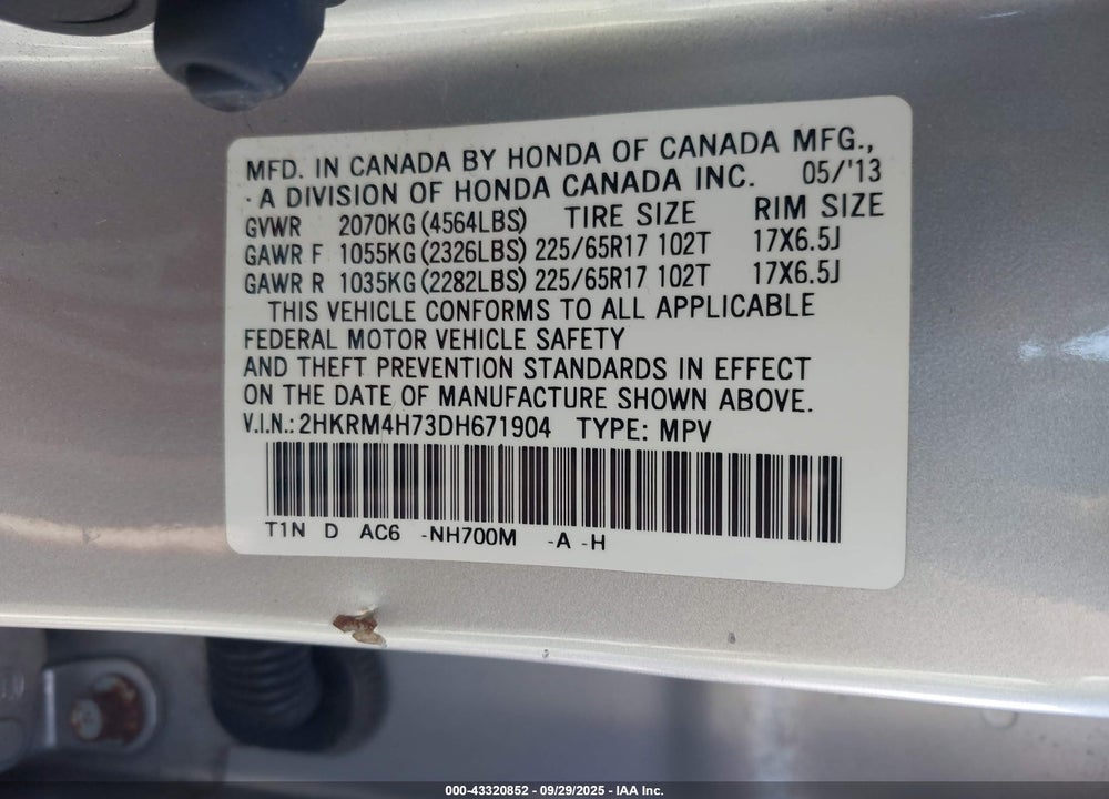 2013 HONDA CR-V EX-L VIN: 2HKRM4H73DH671904