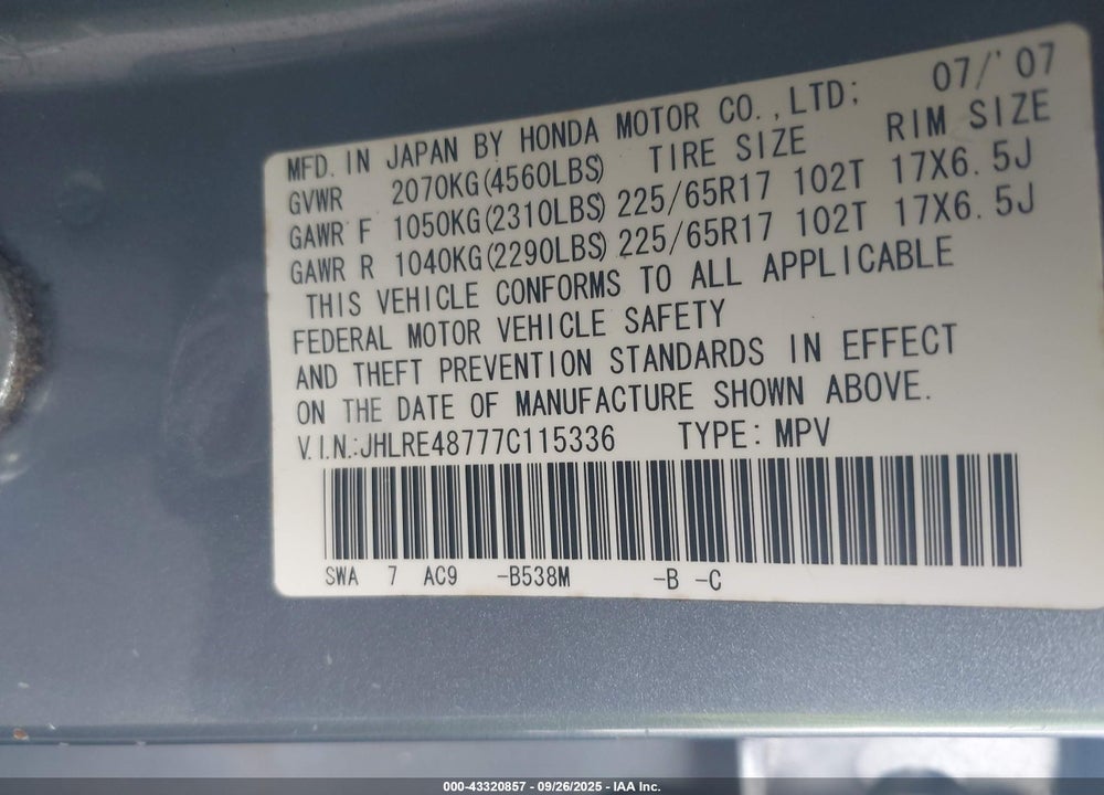 2007 HONDA CR-V EX-L VIN: JHLRE48777C115336