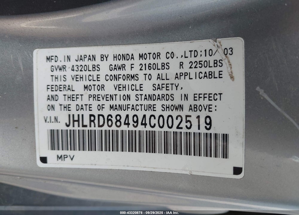 2004 HONDA CR-V LX VIN: JHLRD68494C002519