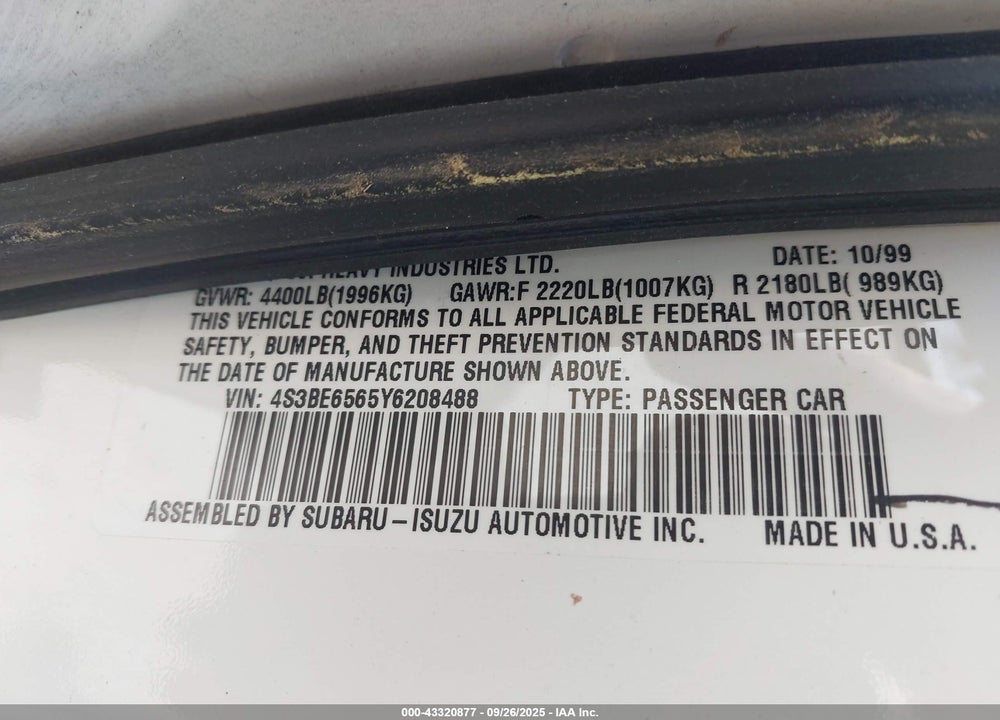 2000 SUBARU LEGACY GT LIMITED VIN: 4S3BE6565Y6208488