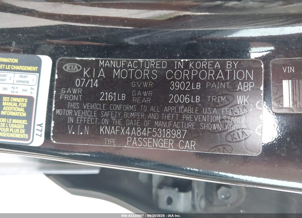 2015 KIA FORTE EX VIN: KNAFX4A84F5318987