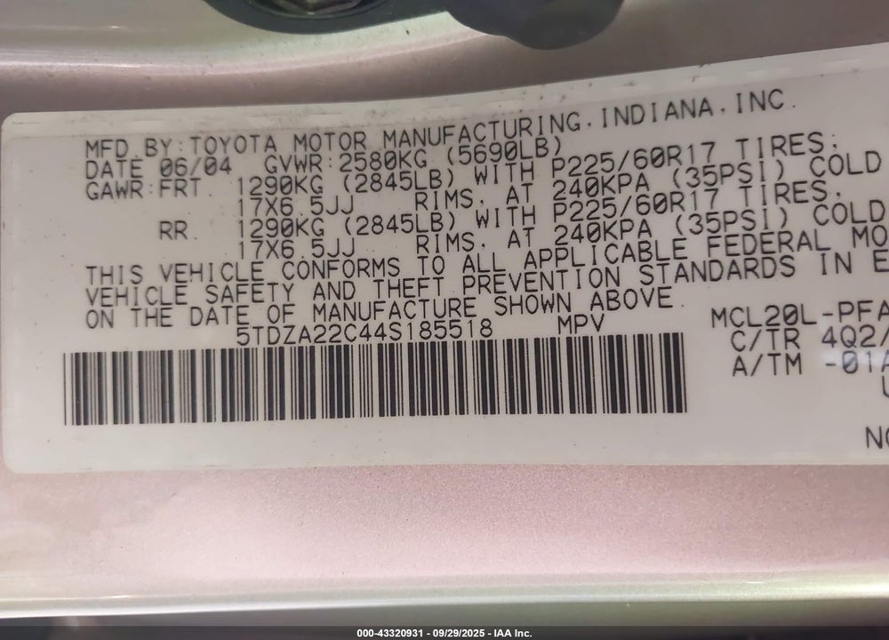 2004 TOYOTA SIENNA XLE LIMITED VIN: 5TDZA22C44S185518