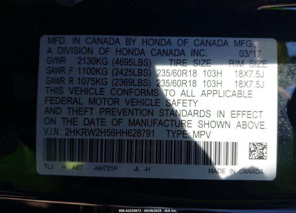 2017 HONDA CR-V EX VIN: 2HKRW2H56HH628791