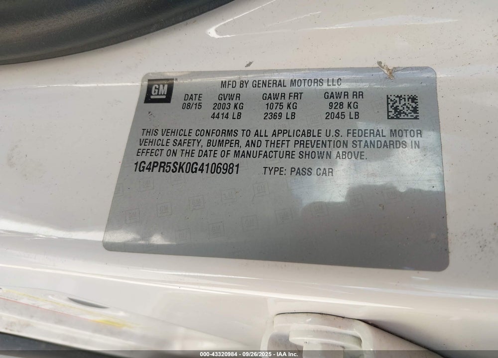 2016 BUICK VERANO VIN: 1G4PR5SK0G4106981