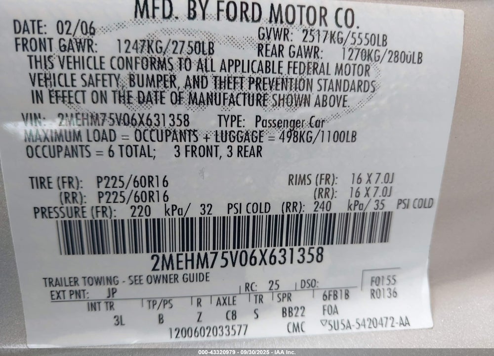 2006 MERCURY GRAND MARQUIS LS VIN: 2MEHM75V06X631358