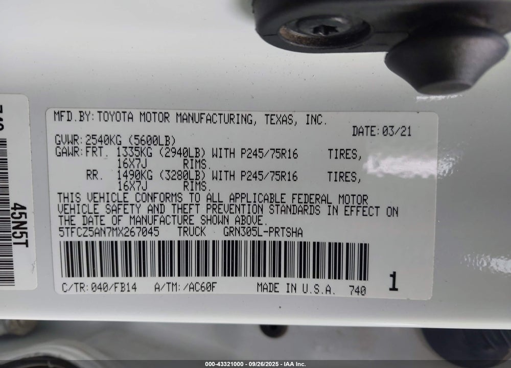 2021 TOYOTA TACOMA DOUBLE CAB/SR/SR5/TRD SPORT/TRD OFF ROAD/TRD PRO VIN: 5TFCZ5AN7MX267045