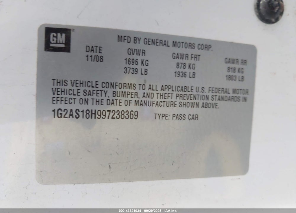 2009 PONTIAC G5 VIN: 1G2AS18H997238369