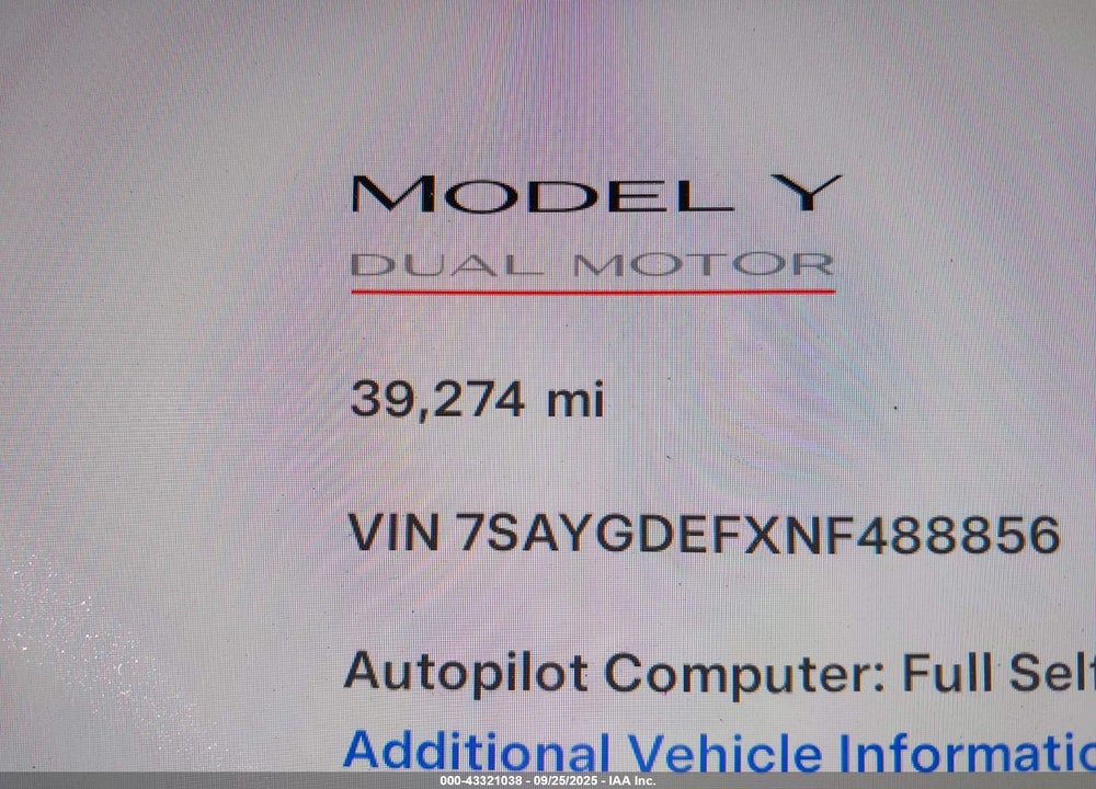 2022 TESLA MODEL Y VIN: 7SAYGDEFXNF488856