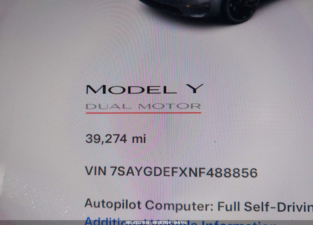 2022 TESLA MODEL Y VIN: 7SAYGDEFXNF488856