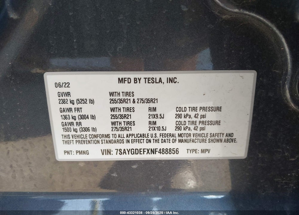 2022 TESLA MODEL Y VIN: 7SAYGDEFXNF488856