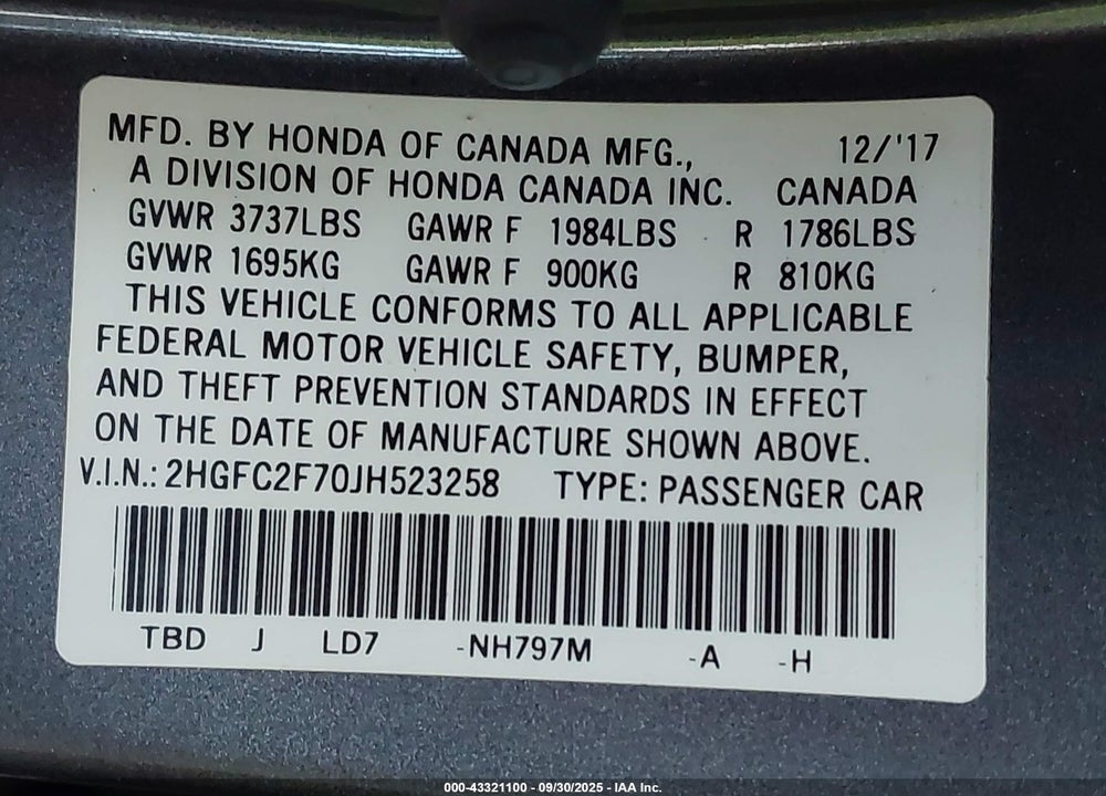 2018 HONDA CIVIC VIN: 2HGFC2F70JH523258
