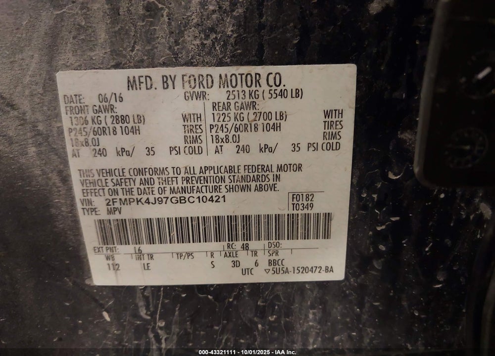 2016 FORD EDGE SEL VIN: 2FMPK4J97GBC10421