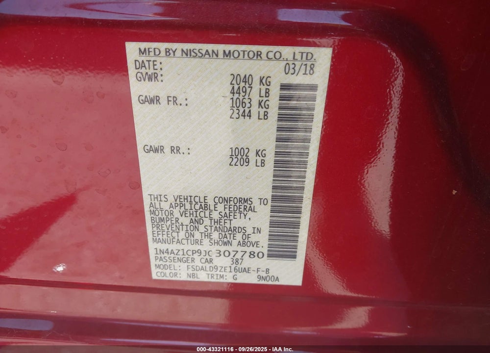 2018 NISSAN LEAF SV VIN: 1N4AZ1CP9JC307780