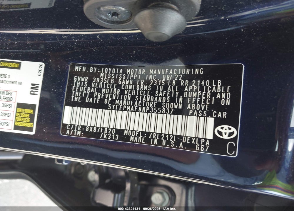 2022 TOYOTA COROLLA LE VIN: 5YFEPMAE8NP355837