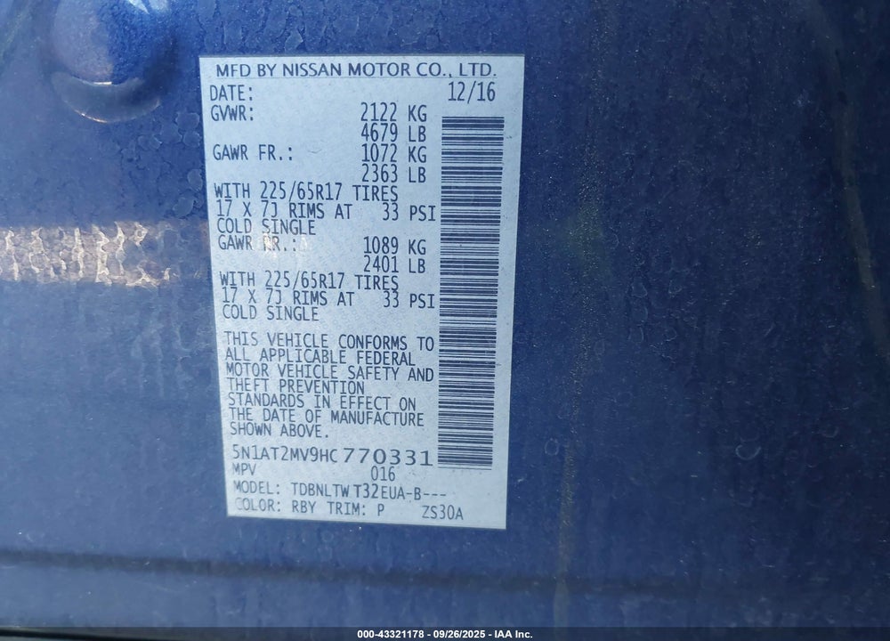 2017 NISSAN ROGUE SV VIN: 5N1AT2MV9HC770331
