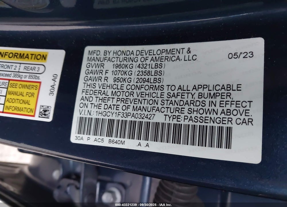 2023 HONDA ACCORD EX VIN: 1HGCY1F33PA032427