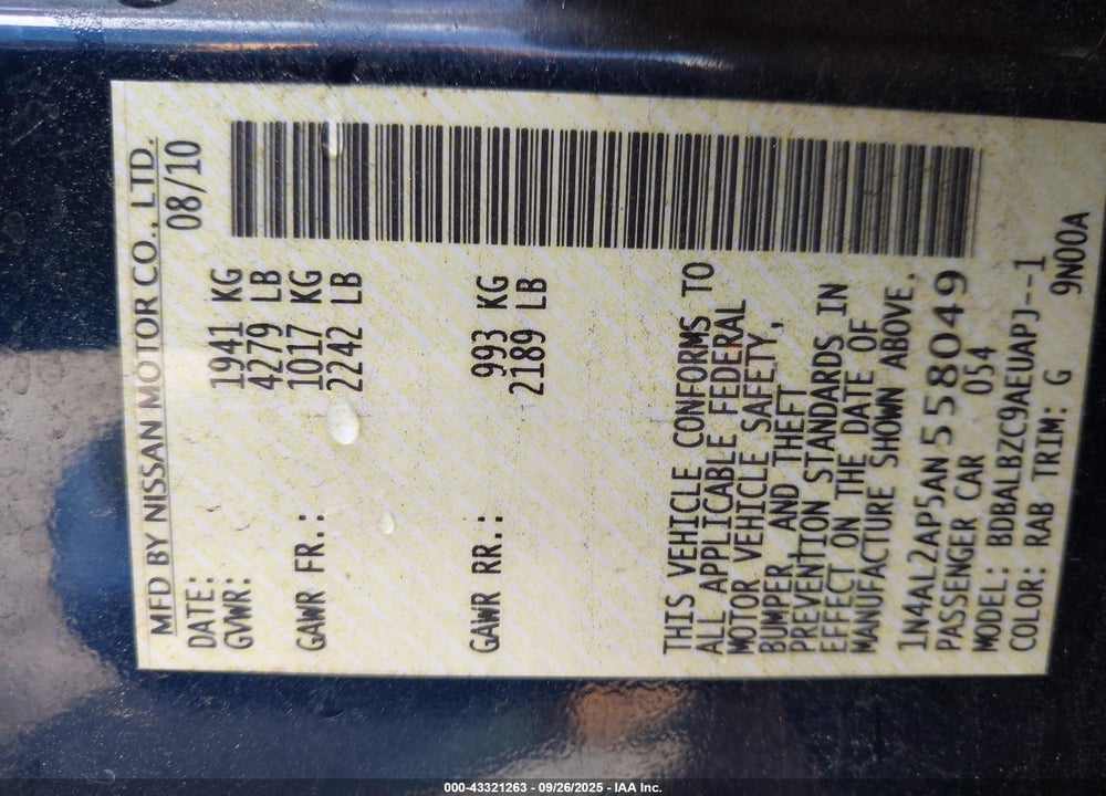 2010 NISSAN ALTIMA VIN: 1N4AL2AP5AN558049