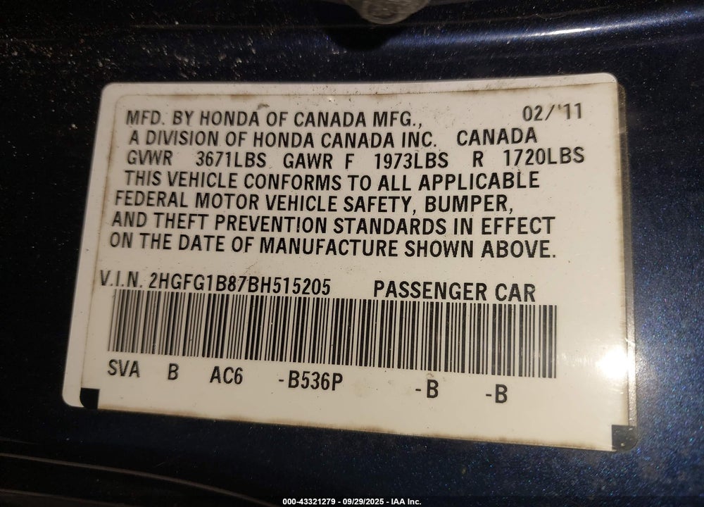 2011 HONDA CIVIC VIN: 2HGFG1B87BH515205