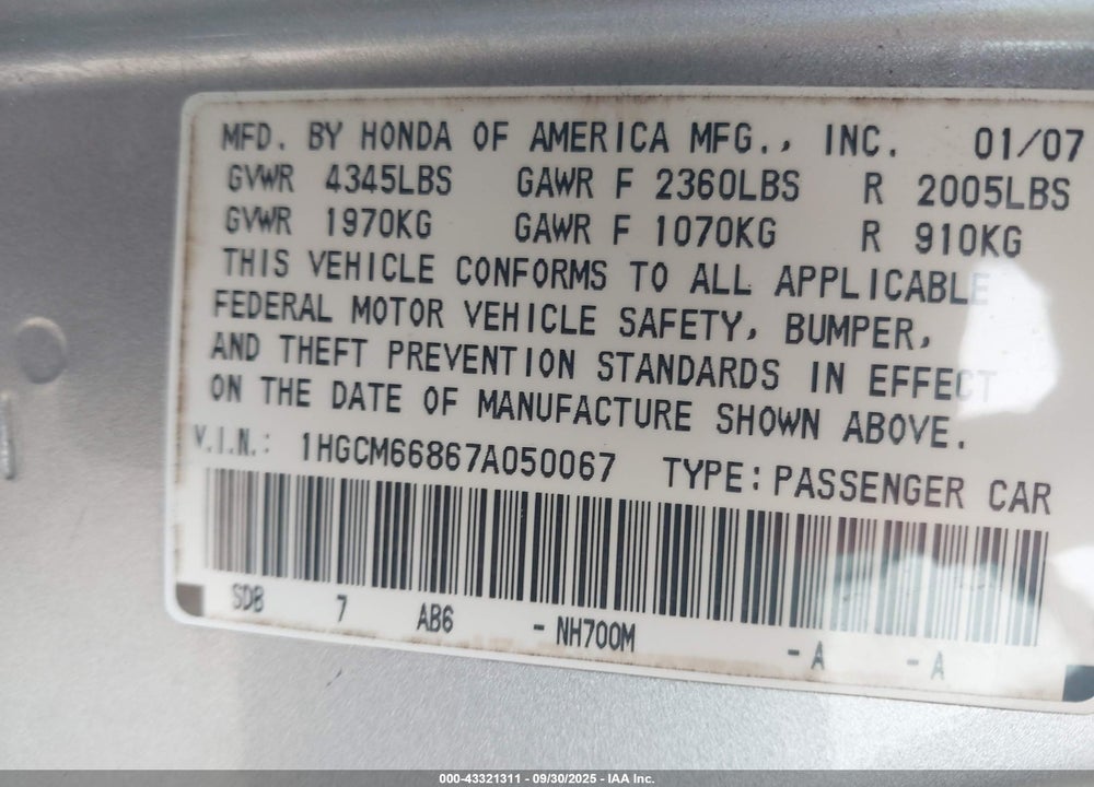 2007 HONDA ACCORD 3.0 EX VIN: 1HGCM66867A050067